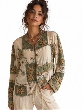 G Unit Crochet Embroidered Patchwork Button-Up Jacket in Cream & Olive Size 14